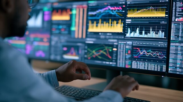 Man analyzing financial data on multiple computer screens with graphs and charts