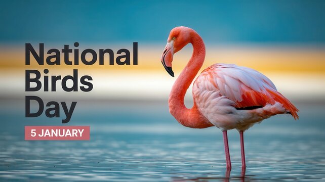 National Birds Day on 5 January with a Pink Flamingo in Shallow Water at Sunset