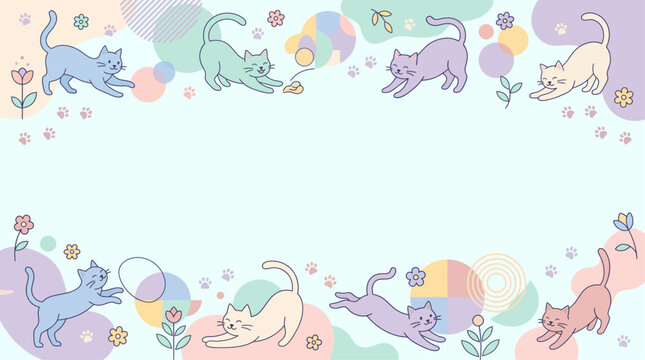 Cute pastel cats playing and stretching in a whimsical border design with abstract shapes and flowers on a light blue background.