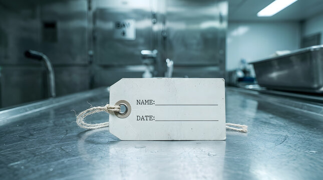 Morgue Toe Tag on Stainless Steel Table in Morgue Room
