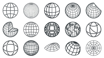 3D wireframe globe and sphere geometry icons. © diki