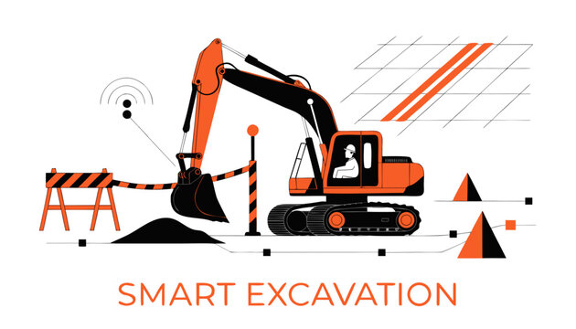 Very beautiful realistic vector illustration of SMART EXCAVATION featuring a bold engineering label reading "SMART EXCAVATION", a GPS-guided hydraulic excavator performing precision earthmoving with 