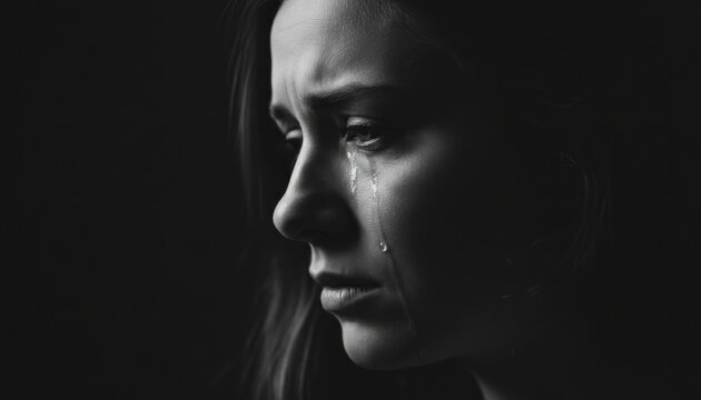 Close up portrait of woman face with tears streaming down cheek expressing deep sadness and grief in dramatic black and white lighting