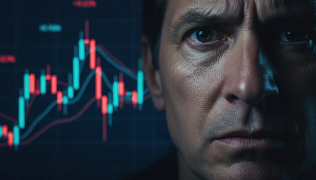 Close up portrait of serious man looking forward with digital financial stock market trading charts reflecting on his face