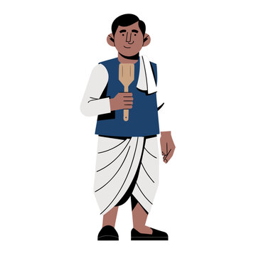 Indian chef in traditional dhoti and blue vest holding wooden spatula, male cook character in ethnic attire, flat vector illustration of south asian man