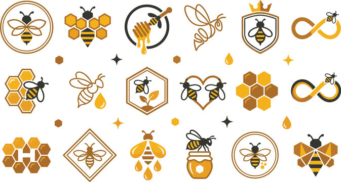 Honey Bee Logo and Icon Set Featuring Honeycomb Structures Dippers Jars and Geometric Queen Bee Emblems for Organic Food Branding
