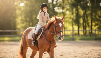 Fototapeta premium Young rider wearing a helmet sits on a brown horse in an outdoor equestrian ring during a bright sunny afternoon training session