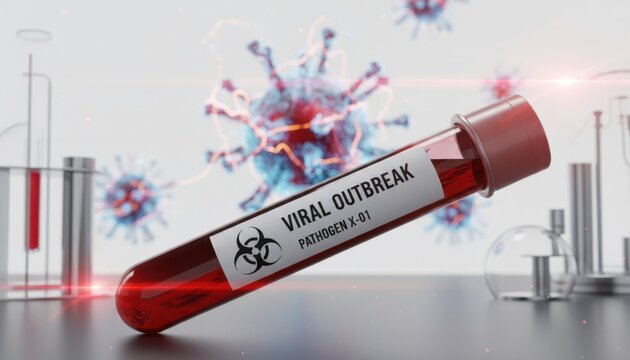 Glass test tube with a viral outbreak pathogen label and biohazard symbol containing a blood sample in a laboratory setting