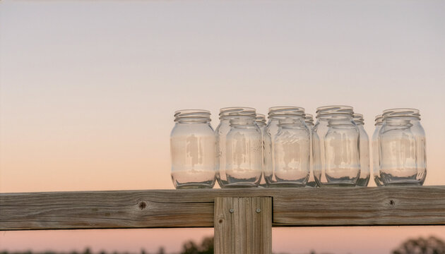Empty Mason Jars on Wooden Fence at Dusk