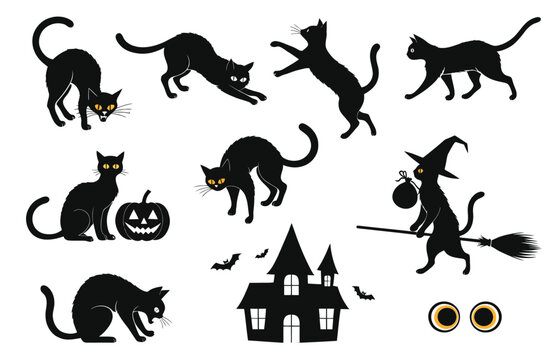 Halloween Black Cat Silhouettes Set with Witch Pumpkin and Haunted House Vector