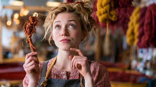 Natural dye maker holding a madder root in a dye studio while thinking. Concept of quiz, consultation and trivia about natural dyeing.