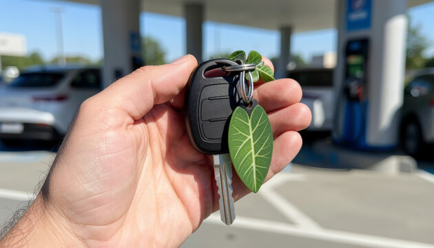 Close-up of a hand holding a car key with a green leaf keychain under bright natural light, with a blurred charging station background