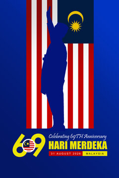 Heroic 69th Anniversary Malaysia Hari Merdeka 2026 Vertical Poster Banner. Isolated Vector Illustration Design with Malaysian Flag, 69th Anniversary Typography and Founding Father Silhouette