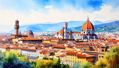 Obraz premium Panoramic view of Florence with iconic cathedral dome ideal for travel promotion, Italian heritage, Renaissance culture, or romantic holiday planning