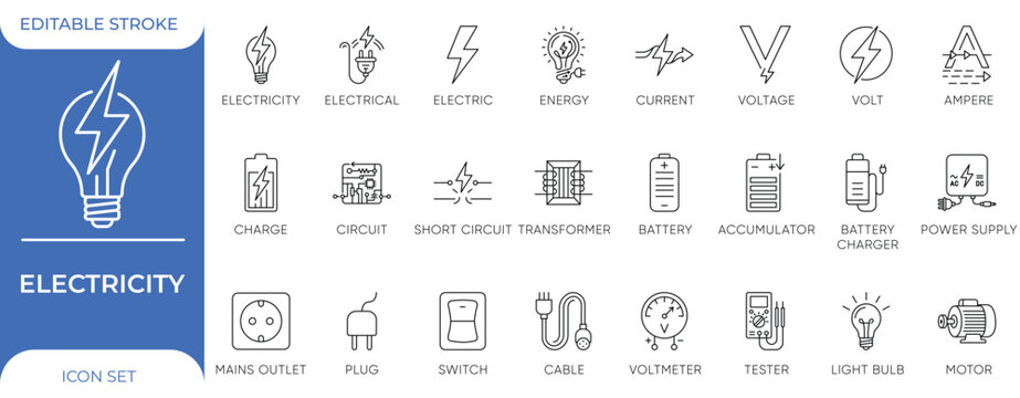 Electricity, Electrical Circuit, Voltage, Battery Charger, Power Supply, Mains Outlet, Electrician Tools Minimalist Line Icon Set
