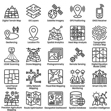Geospatial GIS mapping satellite survey and spatial analysis line art icon set vector design