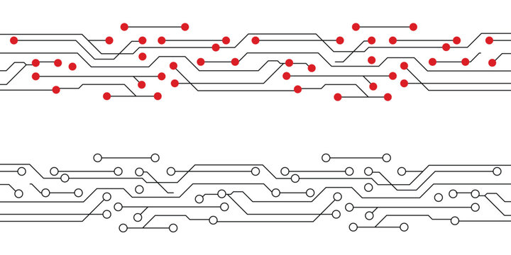 Circuit board seamless horizontal borders, tech network line patterns with red and white nodes, electronic motherboard traces abstract vector illustration. Editable Stroke.
