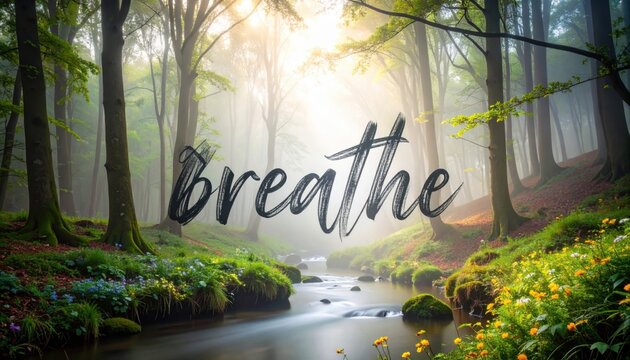 Peaceful forest scene with word breathe representing mindfulness, relaxation and the importance of pausing in nature for mental health