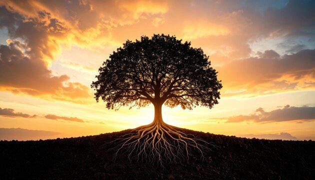Lone tree with visible roots against sunset backdrop symbolizing foundation, growth, legacy and strength in spiritual or environmental context