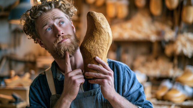 Traditional clog maker holding a wooden shoe last in a workshop while thinking. Concept of quiz, consultation and trivia about clog making.