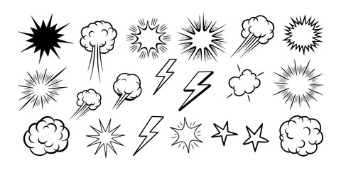 Set of hand drawn comic book explosion and lightning bolt doodle icons © Chtro