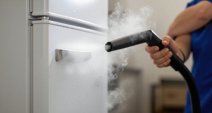 Steam cleaner nozzle targeting the surface of a rental fridge door steam clouds visible workers arm in background out of focus.
