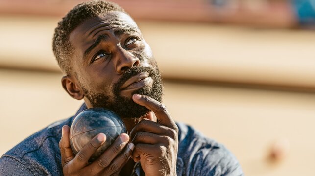 Competitive bocce player holding a bocce ball at a court while thinking. Concept of quiz, consultation and trivia about bocce.