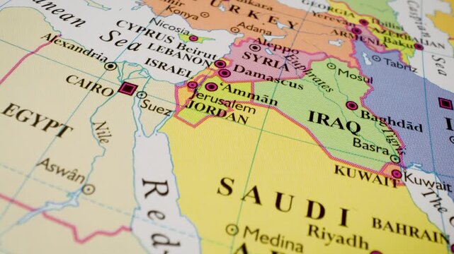 Political map from Saudi Arabia to Turkey on a detailed Middle East atlas