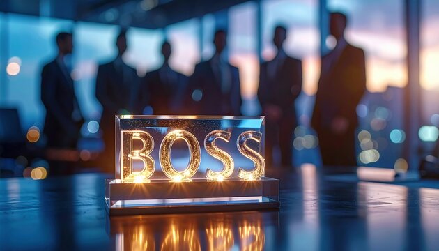 Illuminated boss sign on office table with blurred executives in background representing authority and corporate power