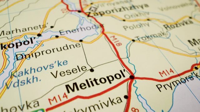 melitopol to zaporizhia road map on detailed atlas, gliding view over