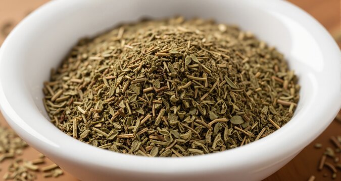 Dried oregano spice in white bowl for seasoning
