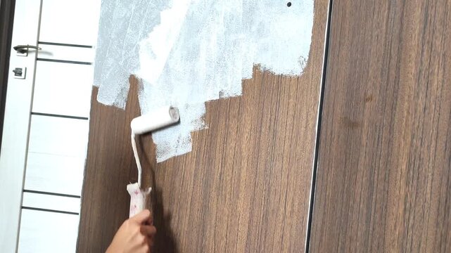  Person painting wooden door with white paint using paint roller brush in home renovation DIY project.