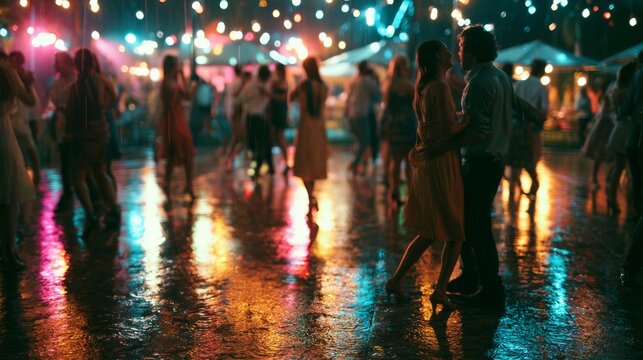 Couple dancing in the rain under colorful lights at night