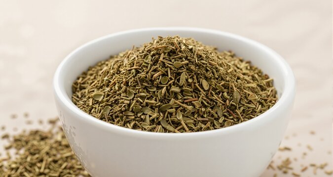 Dried oregano spice in white bowl for seasoning
