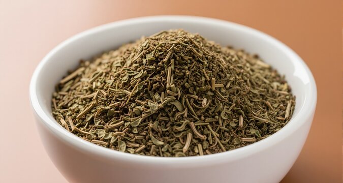 Dried oregano spice in white bowl for seasoning
