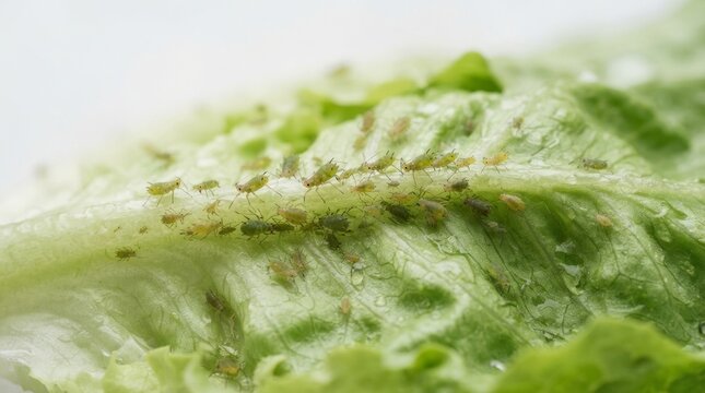 Green aphids crawling on a fresh lettuce leaf. Close-up of garden pests on green vegetable