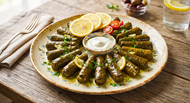 Traditional Stuffed Grape Leaves Dolma Platter with Lemon