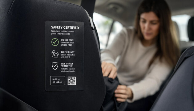 Close-up of a black child car seat with a safety certification label, with a blurred woman installing the seat in the background under soft natural light