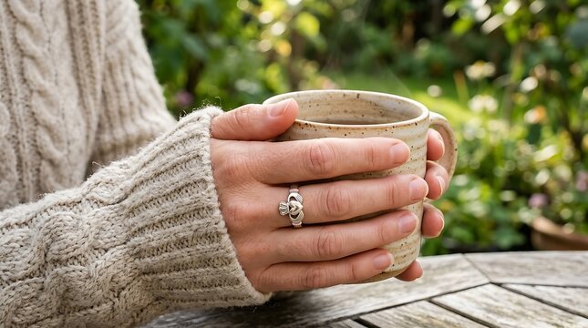 Closeup of a person wearing a claddagh ring holding a warm mug outdoors
