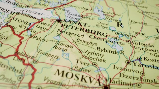 moscow to saint petersburg travel route on paper map with gliding camera view