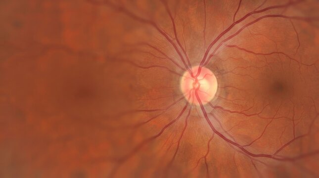 Medical image of a human retina showing the optic disc and blood vessels. Detailed fundus camera photography for ophthalmology examination