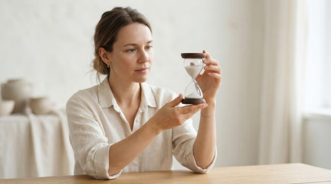 Woman holding a wooden hourglass and watching the sand fall. Female adult sitting at a table looking at a timer. Time management and patience concept