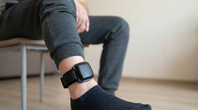 Close up of a black GPS ankle monitor on a person's leg. Individual on house arrest wearing an electronic tracking bracelet. Law enforcement and probation concept