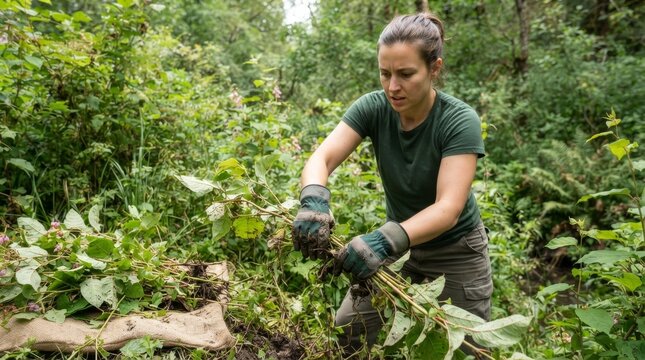 Woman wearing gloves pulling up invasive plant species by the roots in a forest. Female volunteer clearing weeds and protecting the local ecosystem. Environmental conservation and habitat restoration