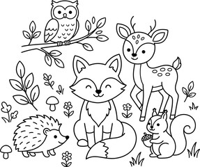 Naklejka premium A charming black and white coloring page featuring a group of friendly woodland animals including a fox, deer, owl, hedgehog, and squirrel in nature.