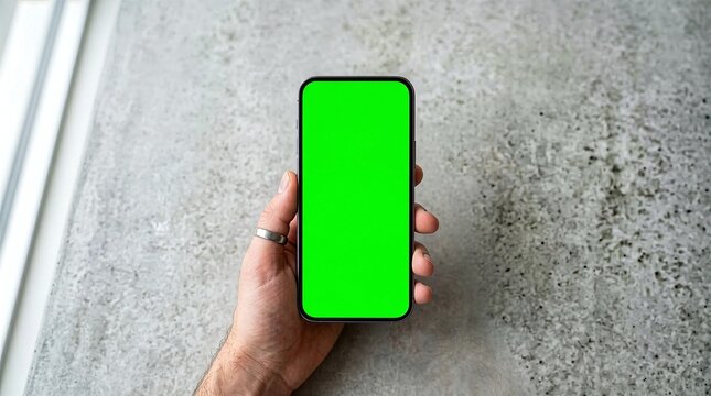 Top View Smartphone Green Screen Mockup on Minimal White Background with Hand