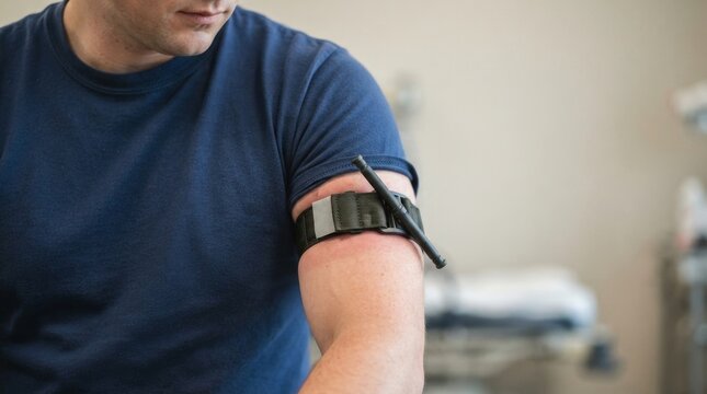 Black tactical tourniquet applied tightly to a male patient's upper arm. Close up of emergency medical equipment used for bleeding control. Trauma first aid and rescue concept