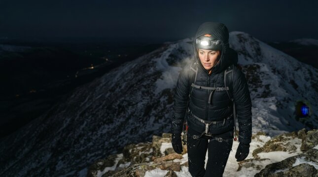 Female mountaineer climbing a snowy ridge at night with a headlamp. Woman climber on an extreme winter expedition ascending a mountain peak