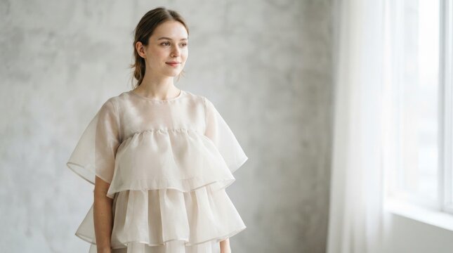 Woman wearing transparent layered organza dress. Elegant fashion model in sheer beige fabric outfit