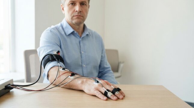 Man undergoing a polygraph test with sensors and wires attached to his arm. Lie detector examination on a male suspect sitting at a desk